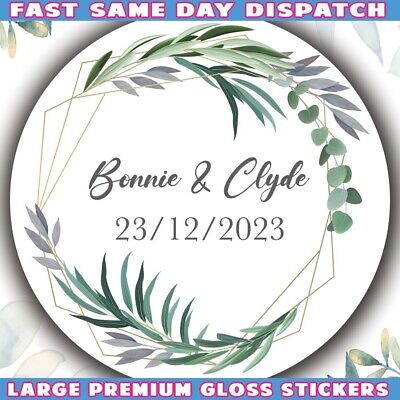 Premium Gloss Personalizzato Matrimonio Verde Foglia floreale Favore Etichette Adesivi 