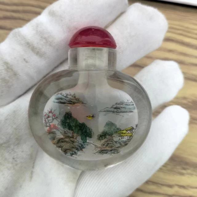 55MM China Inside Painting Glass Scenery Hill Water Tree House Snuff Bottle