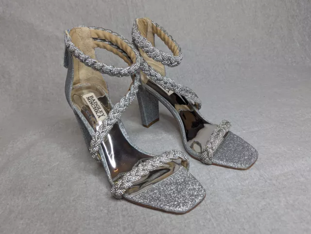 Badgley Mischka High Heel Glitter Sparkly Ankle Strap Sandals Silver Size 7