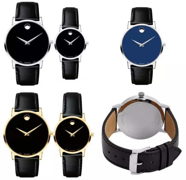 Movado Classic Museum smooth Leather Strap Women/Men Watch 28mm/40mm Black/Blue