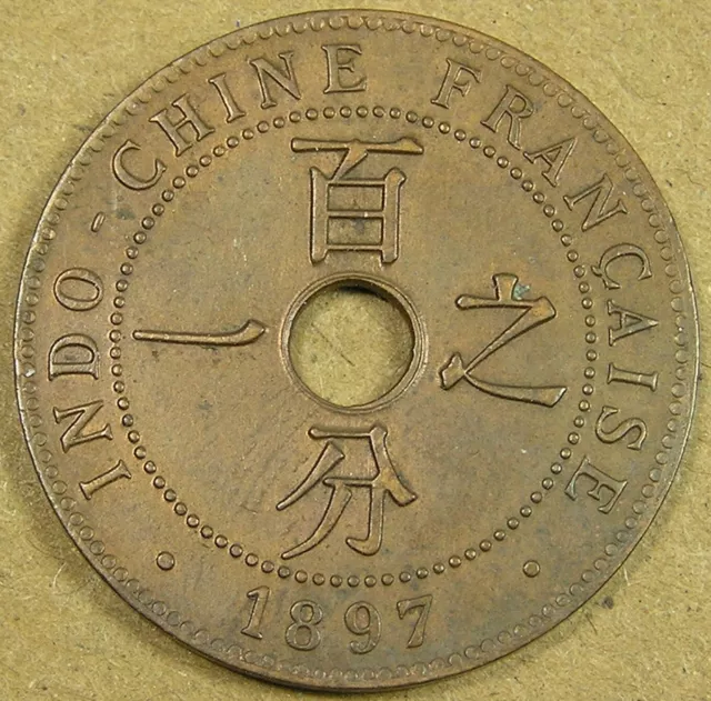 French Indo-China 1 Cent Bronze Coin, 1897-A Better Grade, KM-8, 27.5 mm