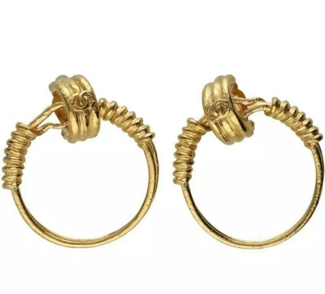 CHANEL CC LOGOS Huge Hoop Dangle Earrings Gold Pearl Vintage Used