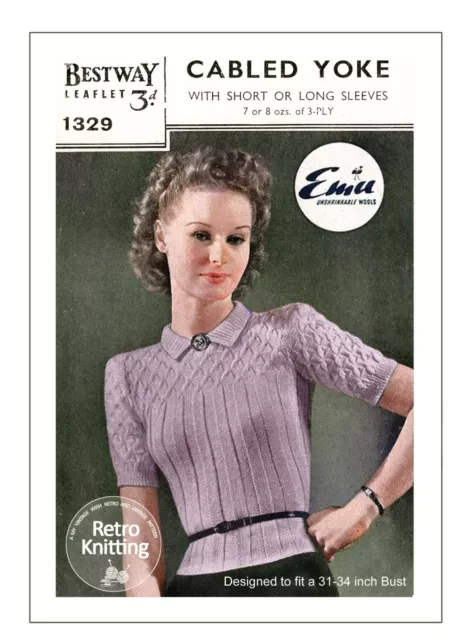 1940's Pretty Cabled Yoke Jumper Knitting Pattern Copy