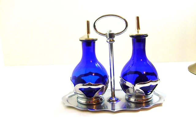 Vintage Farber Bros. Pair 2- Colbalt Blue Vinegar Set With Tray Vintage Farber Bros. Pair 2- Colbalt Blue Vinegar Set With Tray