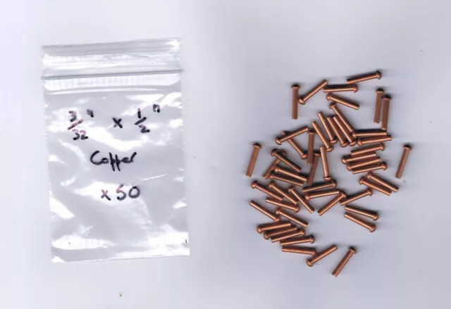 3/32" dia x ½" long Domed Copper Rivets  x 50.   UK Freepost