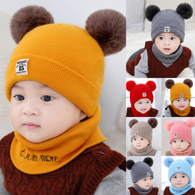 Newborn Kids Baby Boy Girl Fur Pom Hat Winter Warm Knit Bobble Beanie Cap +Scarf