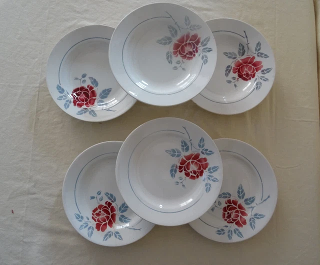 6 assiettes  Saint Amand faience ancienne  381112 fleurs rose rouge