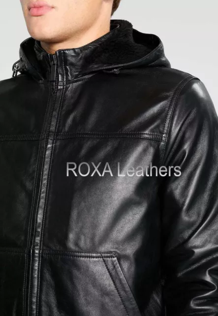 MEN'S CASUAL URBAN Genuine Lambskin Pure Leather Jacket Hooded Black ...