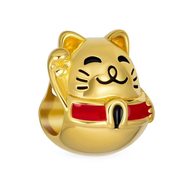 Japanese Maneki Neko Good Fortune Cat Charm Bead Gold Plated Silver