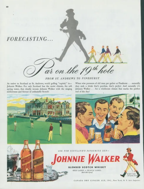 1948 Johnnie Walker Golf St Andrews Pinehurst Floyd Davis Artist Vtg Print Ad C1