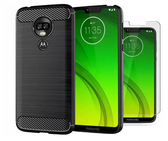 For Motorola Moto G7 Power Case Carbon Fibre Cover & Glass Screen Protector