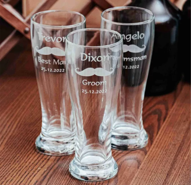 3 x Personalised Engraved 425ml  Schooner Beer Glass Wedding Favour Groomsman