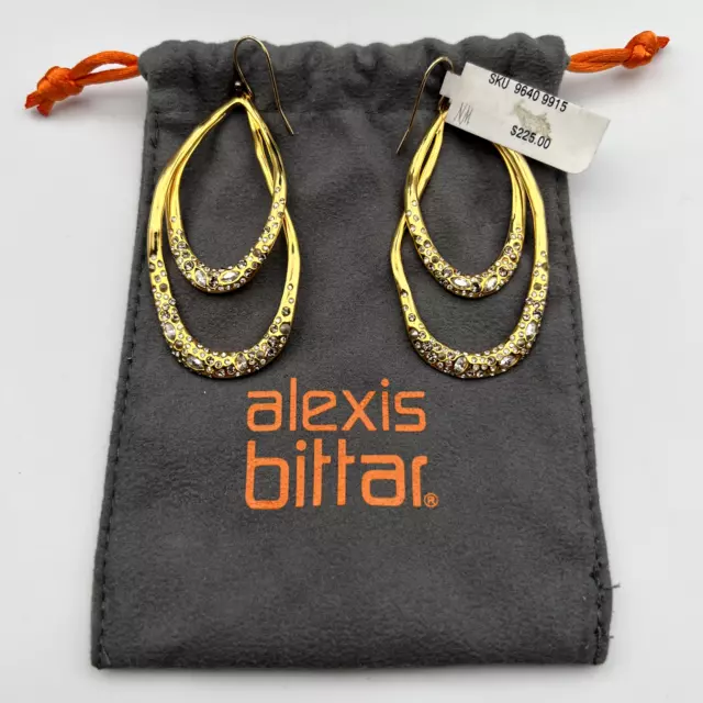 Alexis Bittar Womens Gold Tone Double Loop Drop Earrings With Crystals NWT
