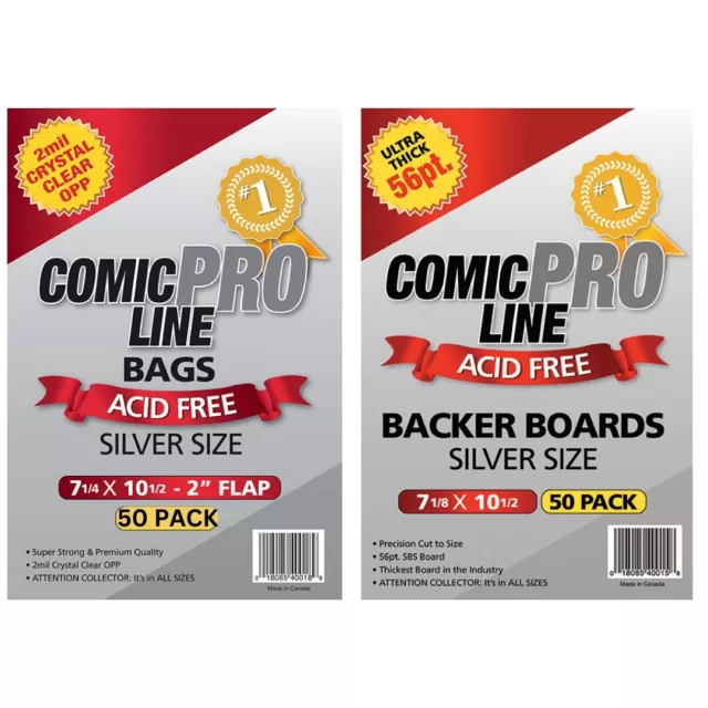 50 Pack - ComicProLine Silver Size Comic Book OPP Bags + 56PT Backer Boards