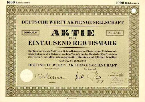 Lot 10 x DEUTSCHE WERFT Hamburg hist. Aktie 1942 HDW ThyssenKrupp marine systems