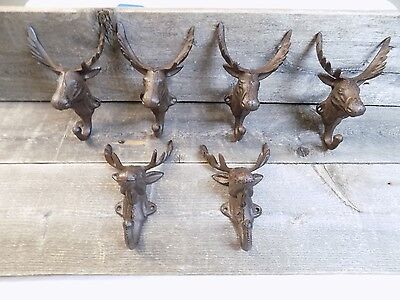 6 Rustic Elk Deer Moose Head Hooks Cast Iron Coat Hook Rack Restoration Hat
