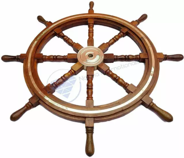 36" Brass Ring Pirate Captain Wooden Wheel Nautical Marine Steering Ship Wheel
