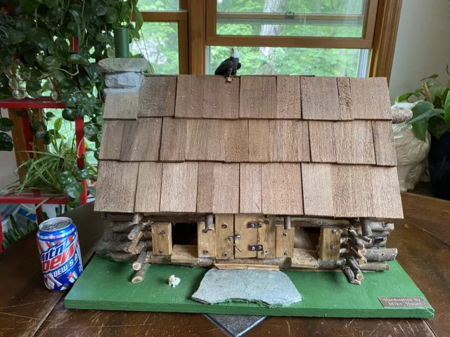 Vintage Hand Made Folk Art Wood Log Cabin Birdhouse Model Diorama Natural Stone