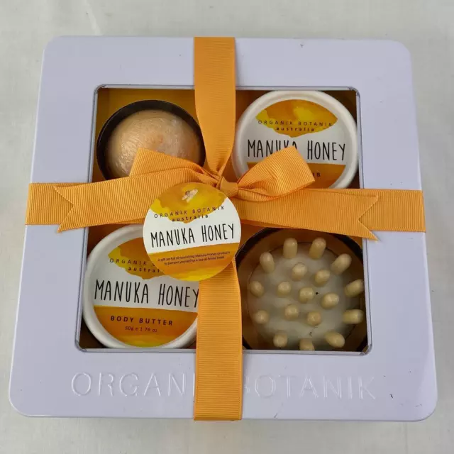 ORGANIK BOTANIK MANUKA Honey Gift Tin Box Body Scrub Butter Bath Bomb ...
