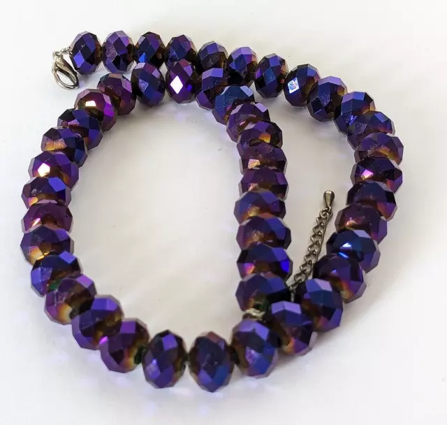 Lovely handmade purple Aurora Borealis facet cut glass bead necklace y21