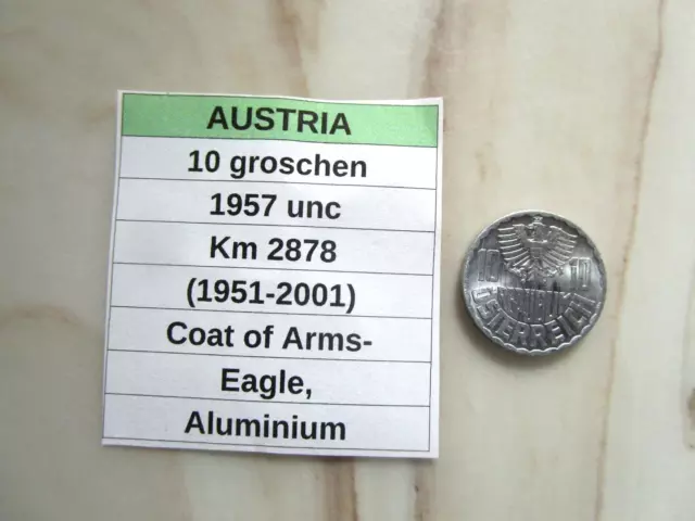 AUSTRIA, 10 groschen, 1957 unc, Km 2878 (1951-2001)