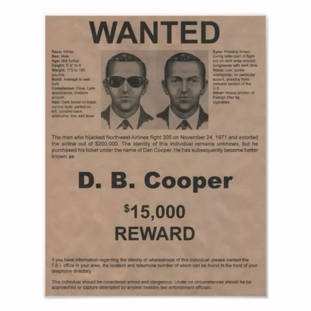 Db Cooper 8.5X11 Wanted Poster Photo Original Fbi Sky Reward Gang Mob Reprint