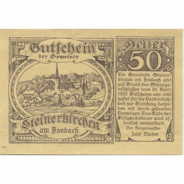 [#282189] Banknote, Austria, Steinerkirchen, 50 Heller village 1920, UNC Mehl