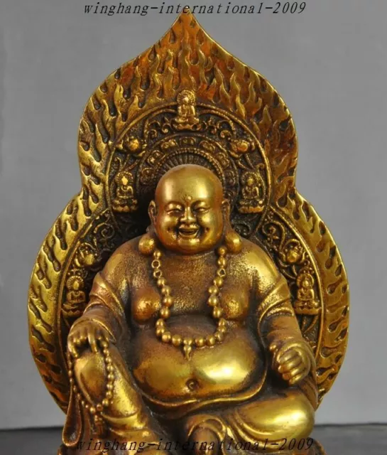 7" Old Chinese Buddhism Temple Bronze Gilt Wealth Lucky Maitreya Buddha Statue 2