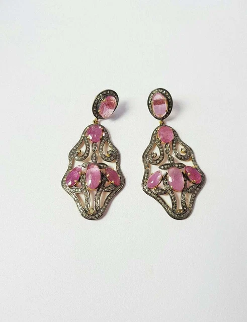 Ruby Pave Diamond Gold Plated Earring Solid 925 Sterling Silver Jewelry HG