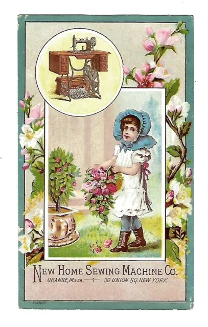 c1890 Victorian Trade Card New Home Sewing Machine, Girl Blue Bonnet