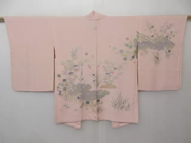 1622T02z570 Vintage Japanese Kimono Silk HAORI Flowers Light pink