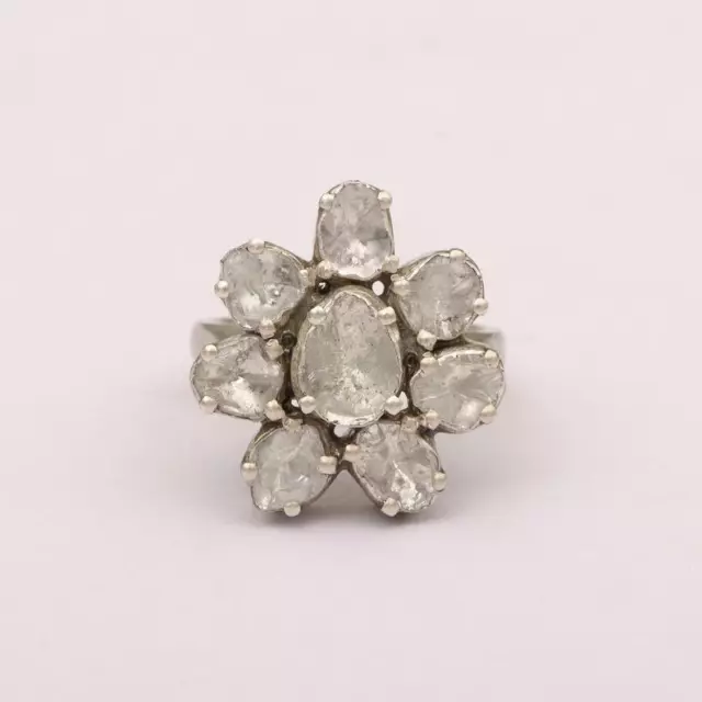 Hard Prong Flower Polki Natural Diamond 925 Sterling Silver Victorian Ring Sale