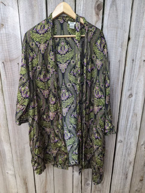 Neiman Marcus Silk Satin Robe Purple Green Black Botanical Printed Pockets