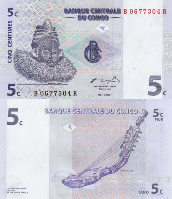 Congo DR 5 Centimes (01.11.1997) - Mask/Harp/p-81 UNC