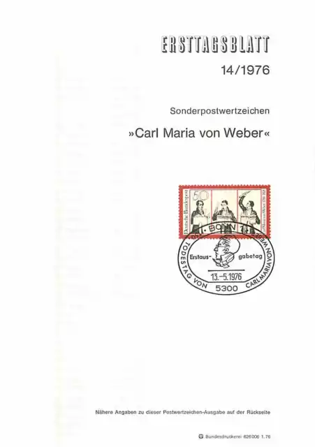 Ersttagsblatt 1976 Carl Maria von Weber Sonderpoststempel Sammler