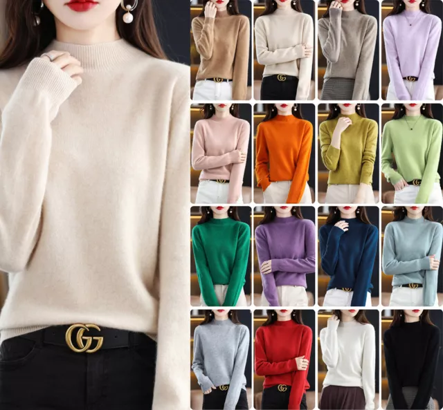 Women's 100% Pure Wool Knit Mock Neck Sweater Jumper Top 17 Colour Options