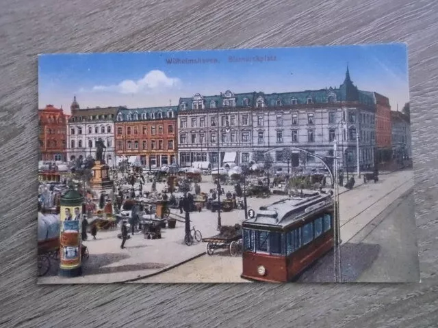 Farbige AK Wilhelmshaven Bismarck-Denkmal Bismarckplatz ca 1906  Straßenbahn