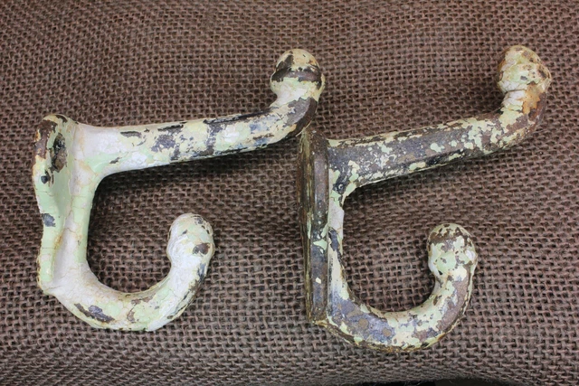 2 Old Coat Hooks Farm School House Chipped White On Green Paint Vintage 1880’s