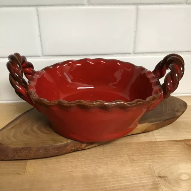 Italian Pottery Bowl Braided Handles Red Scalloped Ruffle Edge Made In Italy