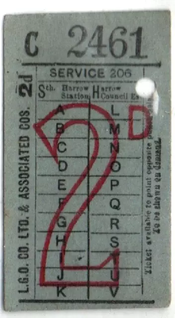 London General Omnibus Company (LGOC) Ticket 2d - Service 206