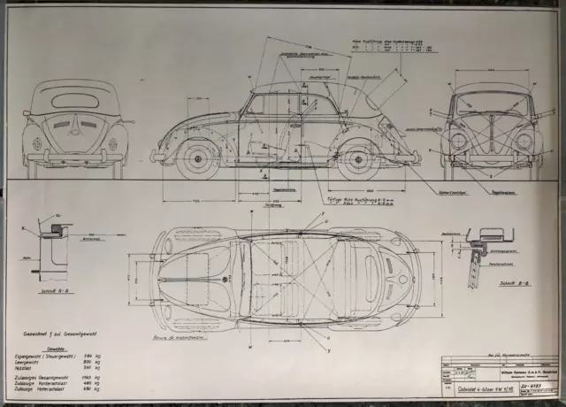 Konstruktionszeichnung Volkswagen VW Käfer Karmann Cabriolet, 59x83 cm. 1959