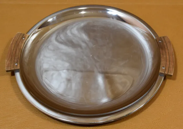 Kromex Sculptura Chrome Round Serving Tray w/ Walnut Handles 1970's USA 1470-25