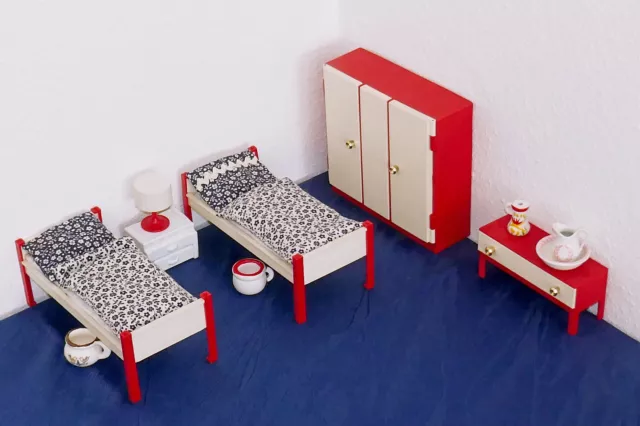 Schlafzimmer mit Betten Schrank Nachtisch Ablage, 60er Jahre für die Puppenstube