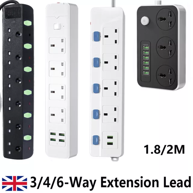 3/4/6 Way Gang Surge Protected Extension Lead 2M Cable Mains Power Plug Sockets
