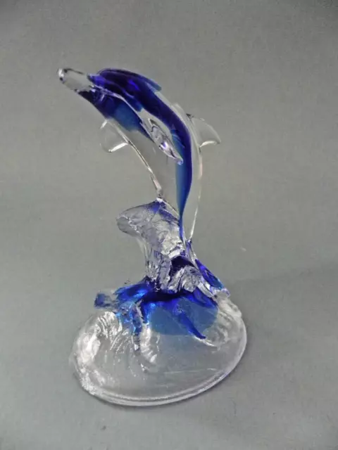 Art Glass Dolphin Figurine Cobalt Blue On Frosted Waves Blue & Clear 6.5" Tall