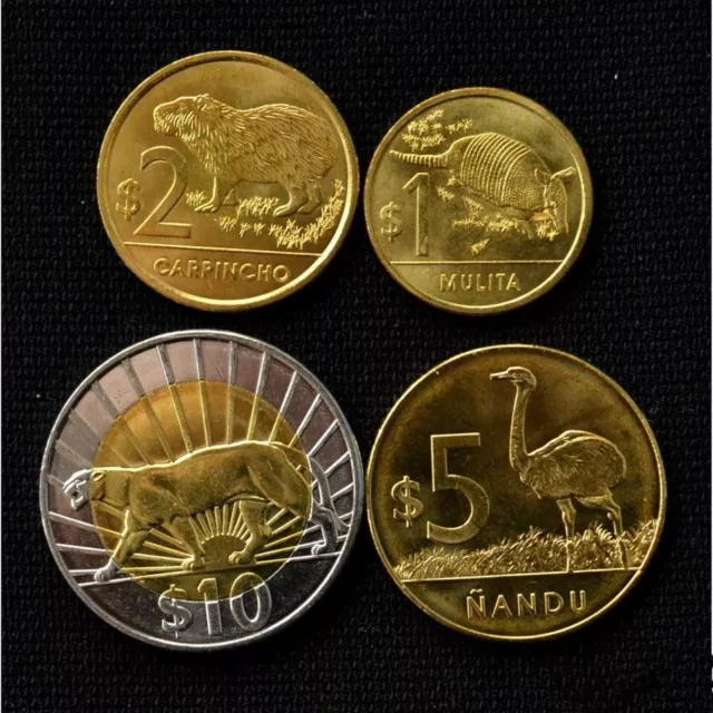 Uruguay 4 PCS Coins Set, 1 2 5 10 Pesos 2011-2015, Animals, BIMETAL UNC