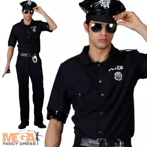 Police Man Cop Mens Fancy Dress Uniform Terminator 80s Adults Costume Outfit New
