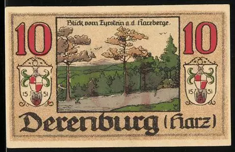 Notgeld Derenburg Harz 1920, 10 Pfennig, Blick vom Eyrstein a. d. Harzberge, Wa