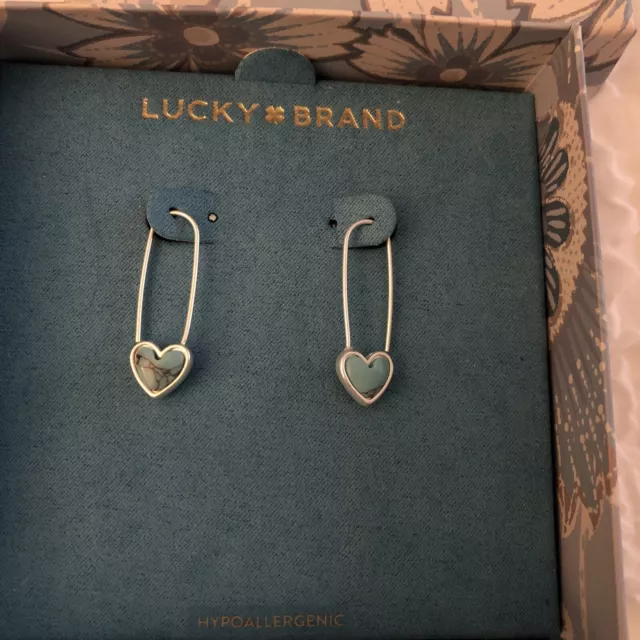 Lucky Brand Silver Tone Turquoise Heart Safety Pin Threader Drop Earrings NIB