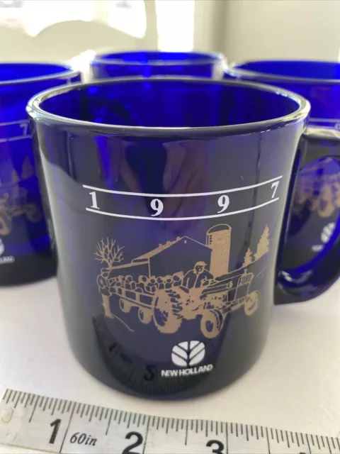 4 New Holland Ford Cobalt Blue Glass Coffee Mug Cup Advertising Made In USA 1997